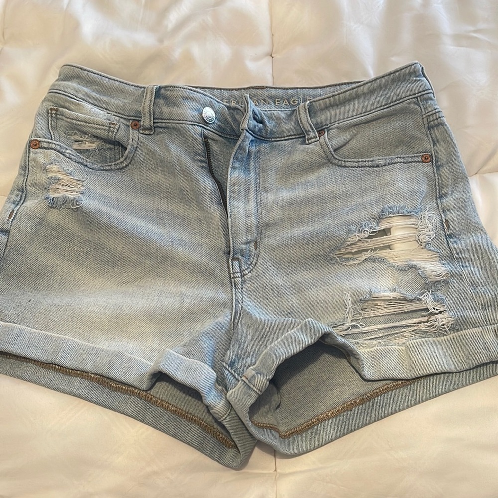 AE Light Wash Destroyed Mom Shorts